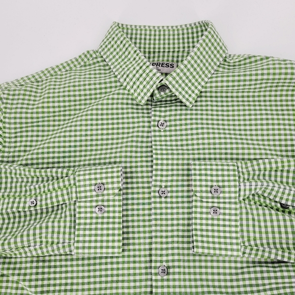 Express Fitted Button Down Shirt Mens Size Large Green Plaid Check Long Sleeve - Picture 2 of 4
